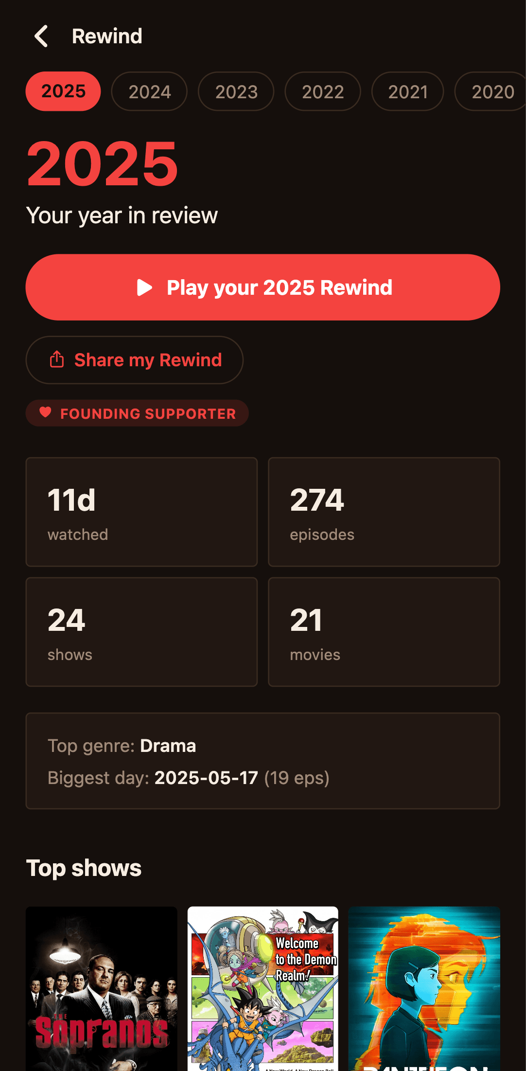 BingeYogi Rewind screen, 2025 year in review with hours watched, episodes, shows, movies, and top genre