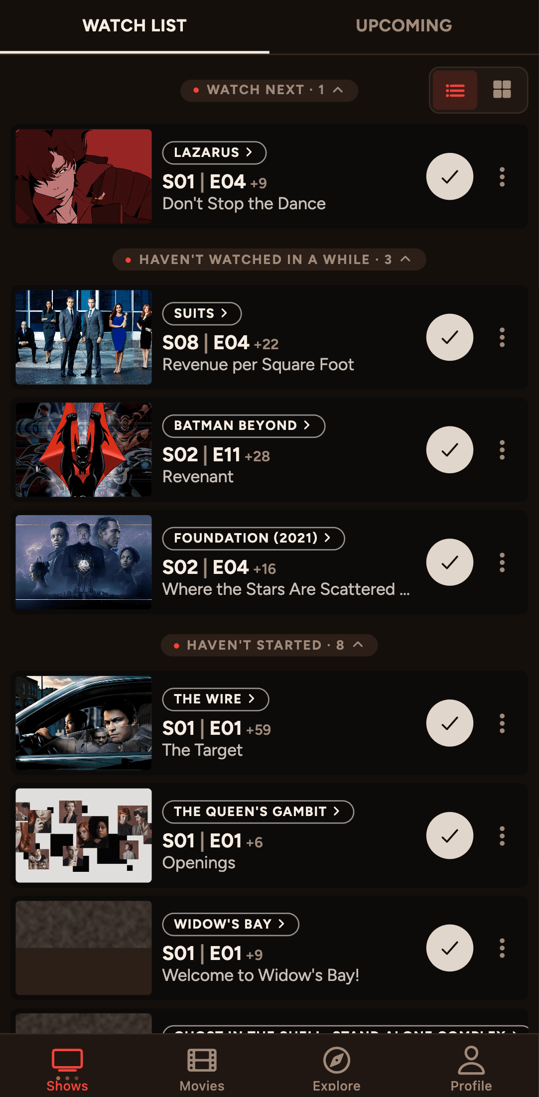 BingeYogi Watch Next list, each show with its poster, the next episode to watch, progress groups, and a mark-watched control